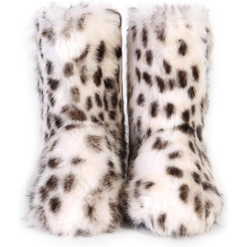 Womens Winter Snow Boots Knee High Faux Fur Lined Flat White & Brown Warm Shoe - Picture 3 of 6